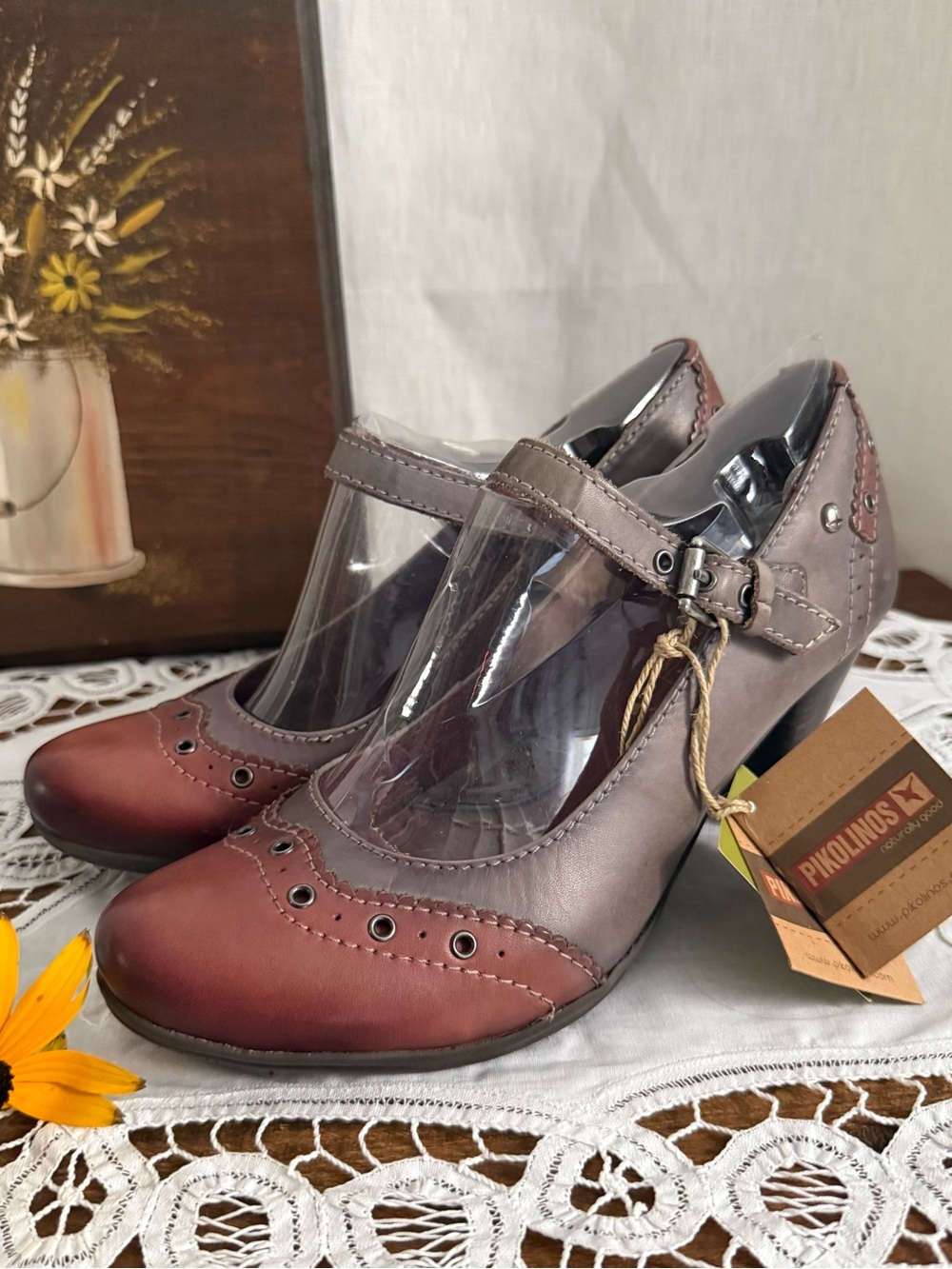 NWT Pikolinos Leather Mary Jane Pumps 37 6.5 7 US Two Tone Cognac Heels Shoes